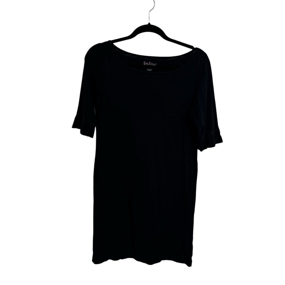 Lilly Pulitzer Black Short Ruffle Sleeve Boat Neck Shift Dress Womens Medium